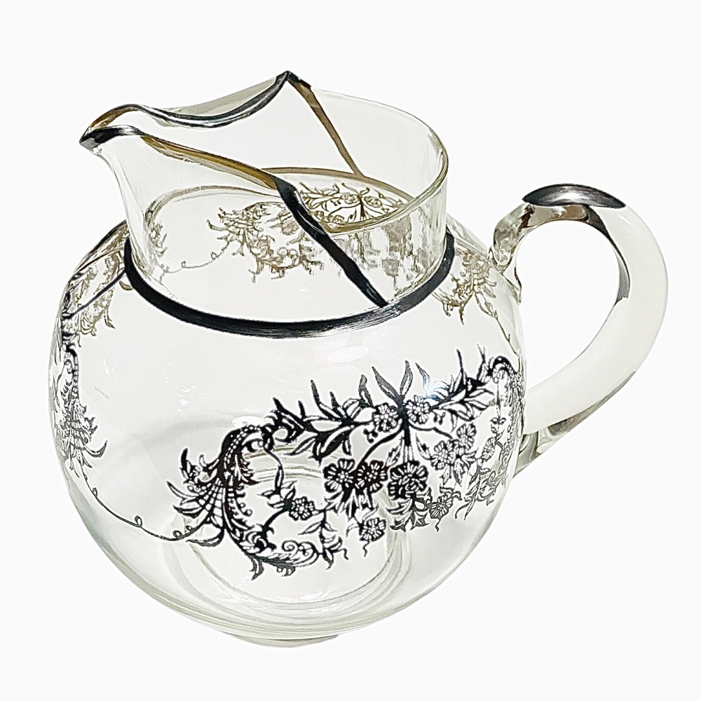 Vintage Sterling Silver Floral Over-lay Ice Lip Glass Jug Pitcher